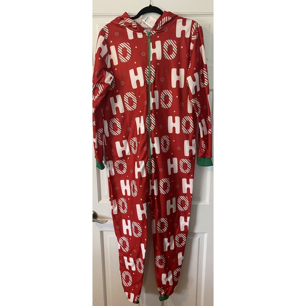 Giggling Getup Womens Christmas Jumpsuit SZ Med Hooded Letters Full Zip Red New